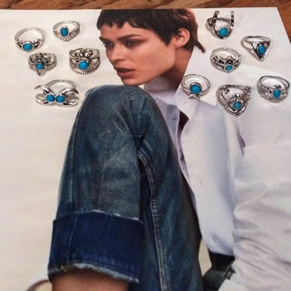 Silver Turquoise Stacking Ring Set - Picture 2 of 7